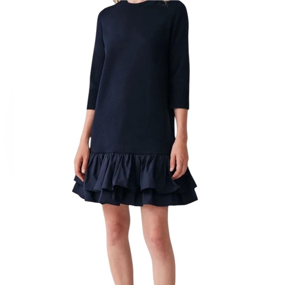 COS Silk Cotton Blend Sweater Shirt Dress Size XS Navy Blue Ruffle Hem Cottage - Picture 11 of 11